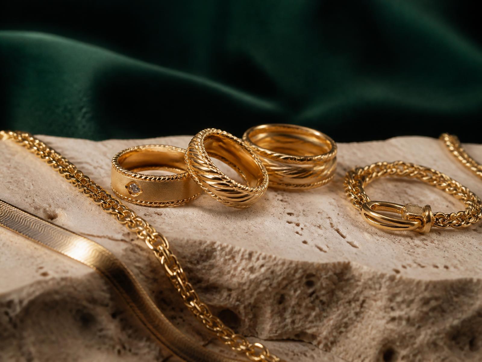 Anelli, catene e un bracciale d'oro su una pietra di travertino su fondo verde smeraldo
